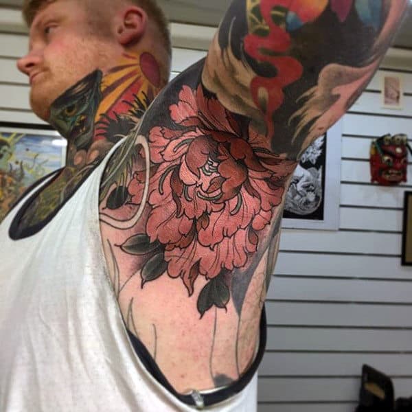 Guys Armpits Brown Flowers Tattoo