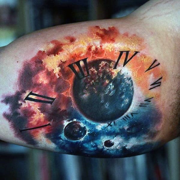 Guys Arms Astronomy Clock Tattoo