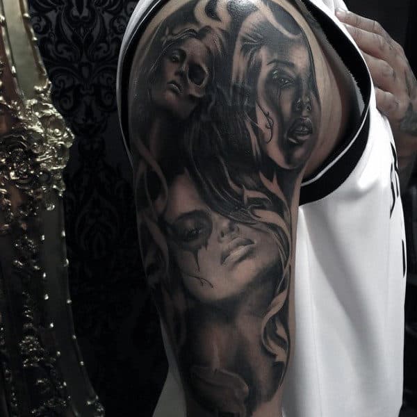 Guys Arms Black And Grey Tattoo Of Bloody Eyed Women