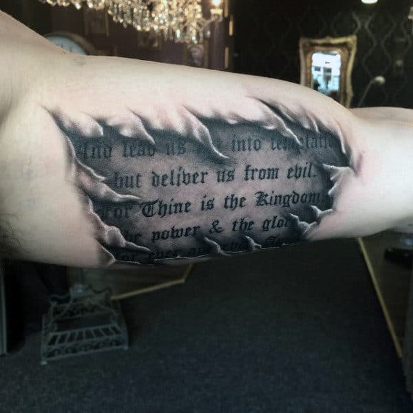 Guys Arms Black And Grey Wordings Tattoo