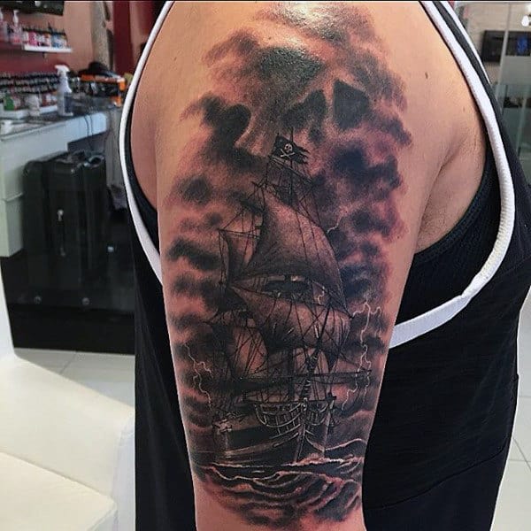 Guys Arms Black And White Sailing Ship Tattoo