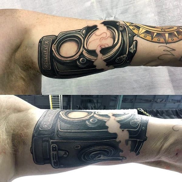 Guys Arms Broken Camera Tattoo