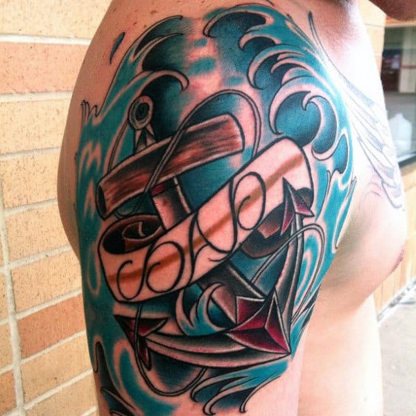 Guys Arms Dad And Anchor Blue Waters Tattoo