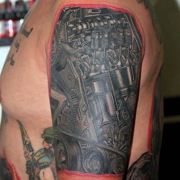 Guys Arms Detailed Parts Of Engine Tattoo