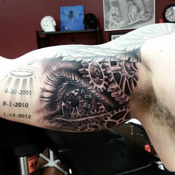 Guys Arms Eye Tattoo With Mechanical Gears