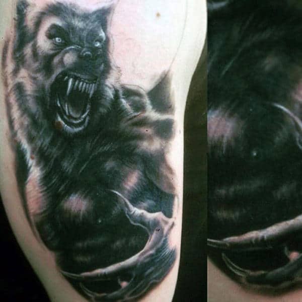 Guys Arms Frightening Black Werewolf Tattoo
