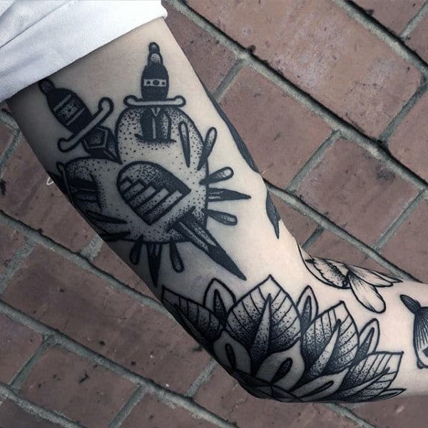 Guys Arms Grey Dagger And Floral Tattoo