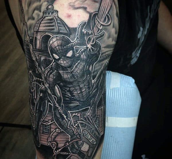 Guys Arms Greyish Spiderman Tattoo