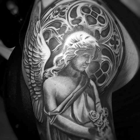 Guys Arms Guardian Angel With Roses Tattoo