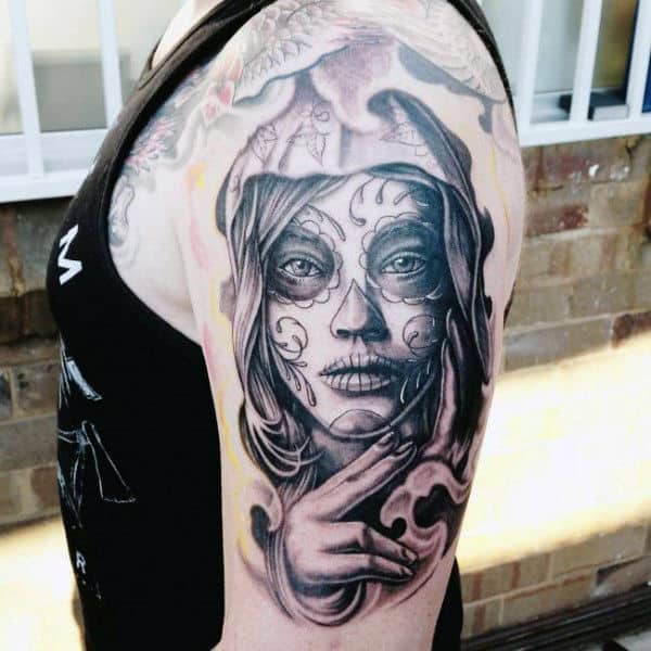Guys Arms Lovely Doe Eyed Day Of The Dead Lady Tattoo