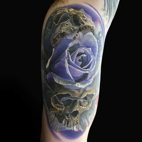 Guys Arms Manly Purple Rose And Skull Tattoo