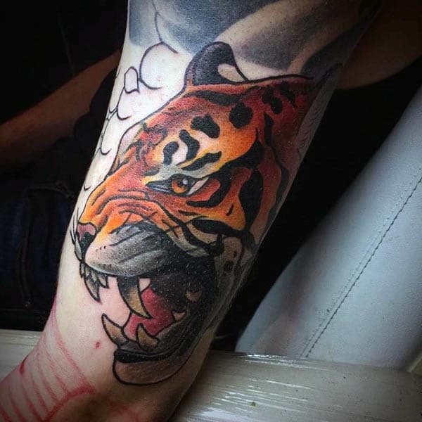 Guys Arms Neo Traditional Roaring Tiger Tattoo
