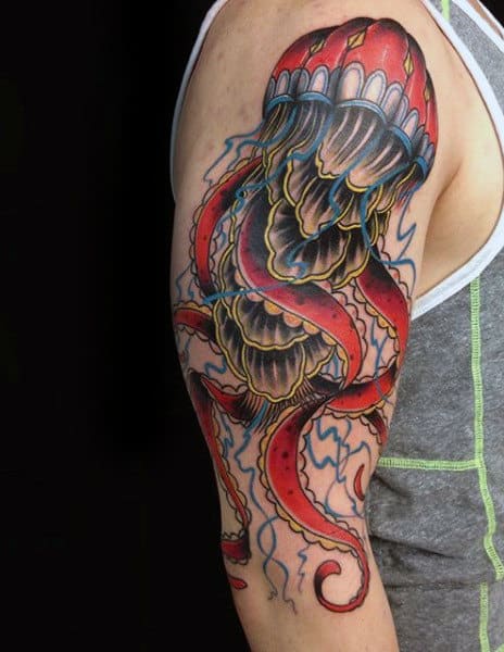Guys Arms Oriental Designed Jellyfish Tattoo