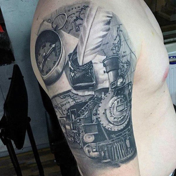 Guys Arms Realistic Feather Quill And Engine Tattoos