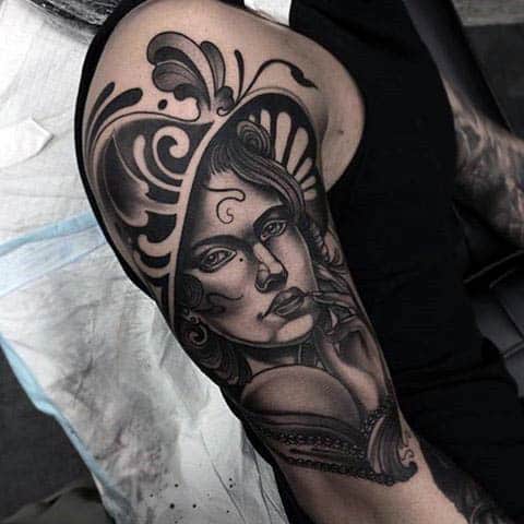 Guys Arms Sensual Lady In Black Neo Traditional Tattoo