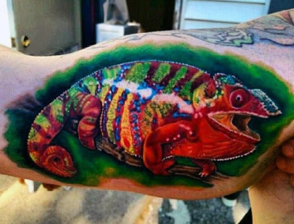 Guys Arms Shiny Painted Lizard Tattoo