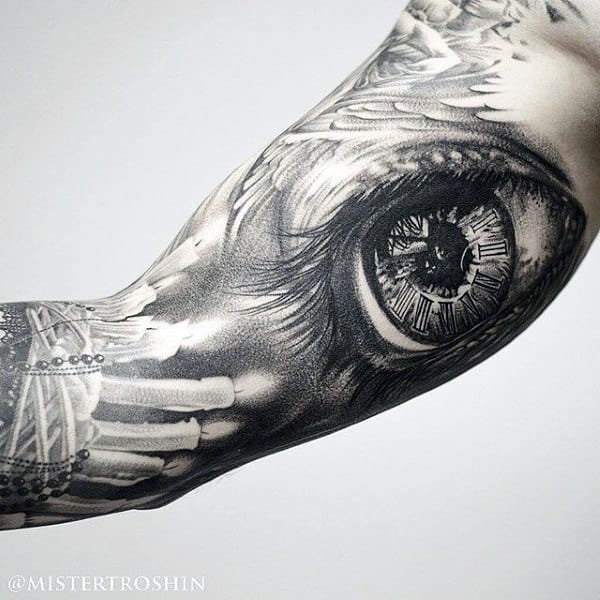 Guys Arms Sick Eye And Candles Tattoo
