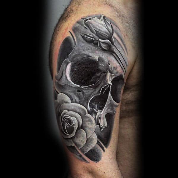 Guys Arms Skull And Rose Bud Tato