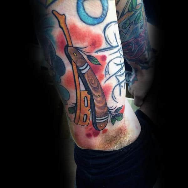 Guys Arms Straight Razor With Wooden Handles Tattoo Designs