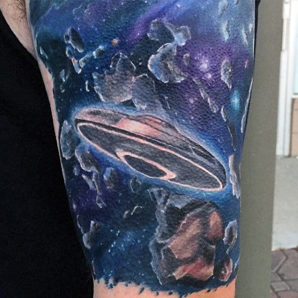 Guys Arms Ufo And Explosive Asteroids Tattoo