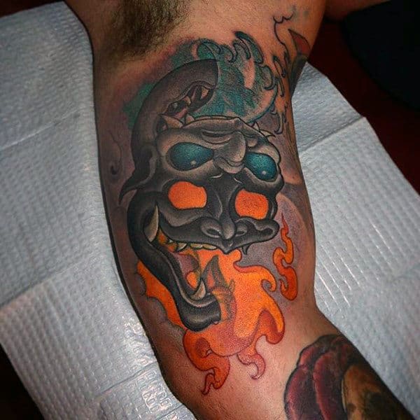 Guys Arms Water And Fire Skull New School Tattoo