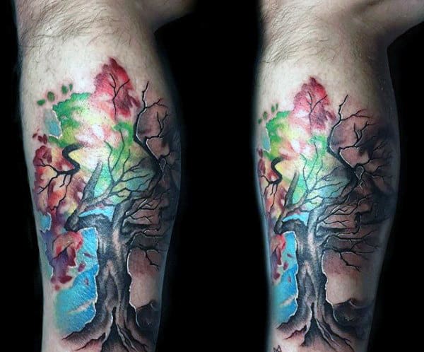 Guys Arms Watercolor Tree Tattoo