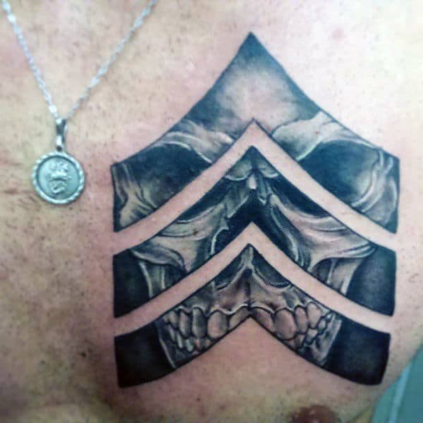 Guys Army Badge Rank Tattoo With Skull On Upper Chest