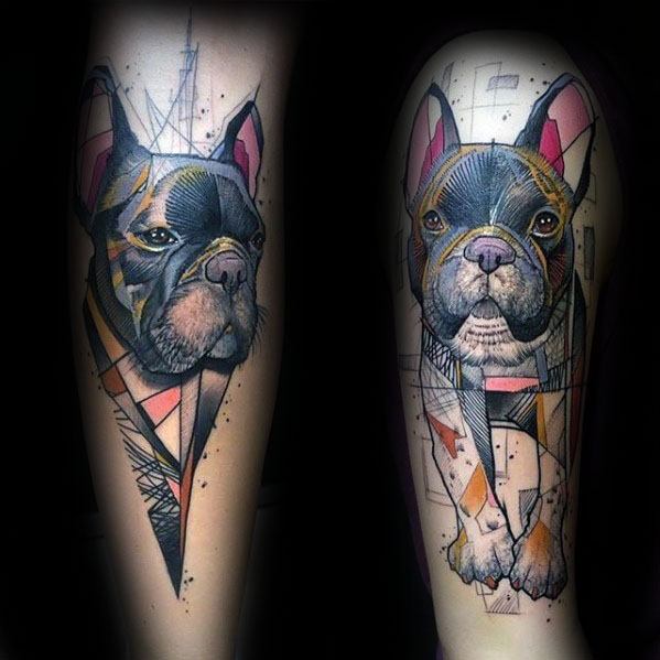 Guys Artistic Bulldog Geometric Arm Tattoo