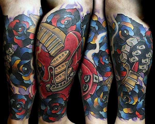 Guys Artistic Music Leg Sleeve Tattoos