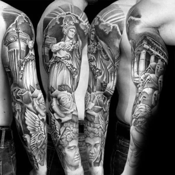 Epic full-sleeve Athena tattoo with classical pillars, roses, statue heads, and the goddess holding a spear in detailed black and grey realism