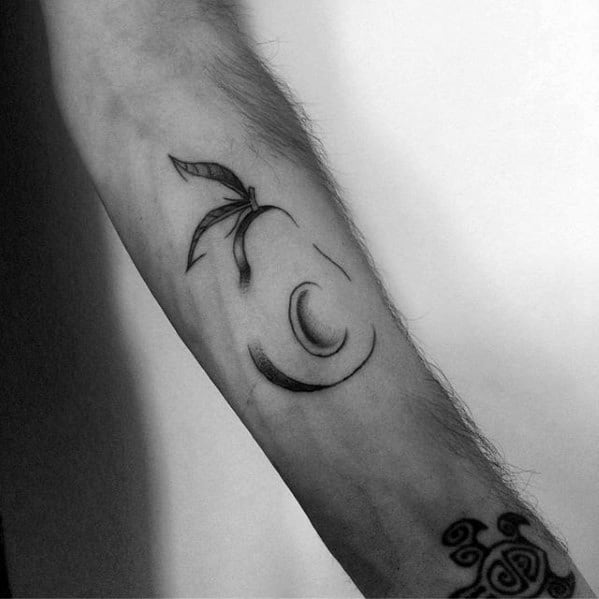 Minimalist avocado tattoo with abstract curved lines and a leaf on the forearm, using soft shading for an elegant, modern look.