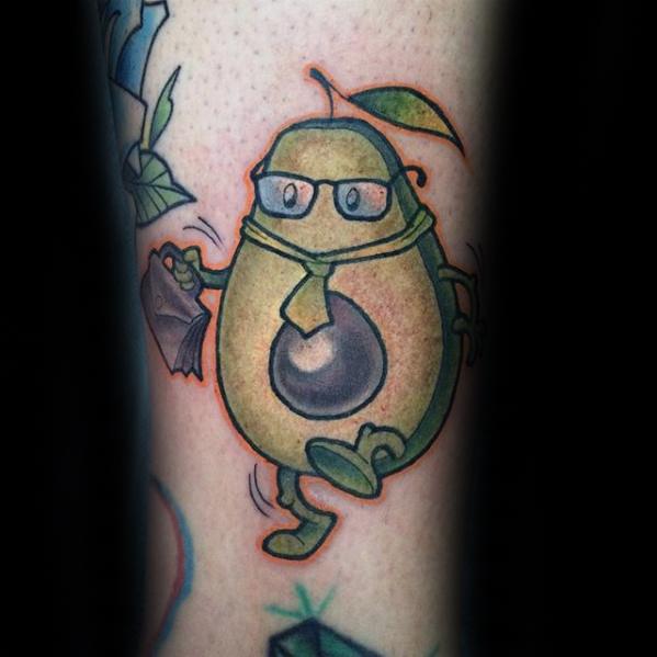 Cartoon-style avocado tattoo of a cheerful character wearing glasses and a tie, holding a briefcase and walking with a smile.