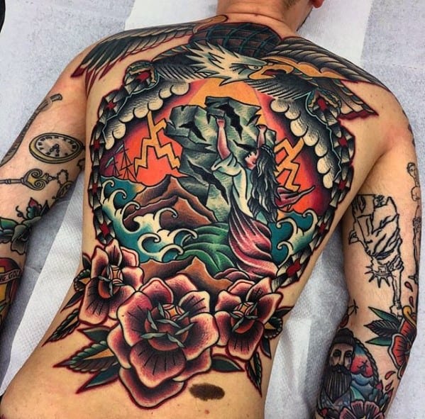 Guys Awesome Back Old School Traditional Tattoos