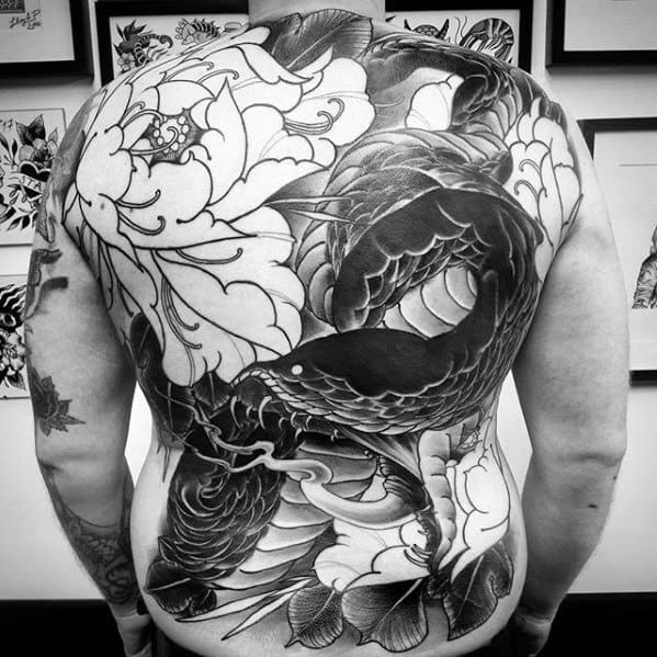 Guys Awesome Back Tattoo Snake With Flower Japanese Designs