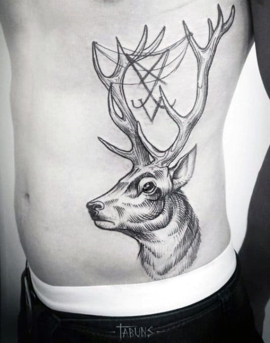 Guys Awesome Deer With Antlers Rib Cage Side Tattoo