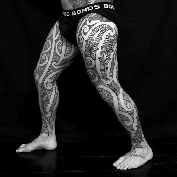 Guys Awesome Leg Sleeve Tribal Tattoo Design Ideas