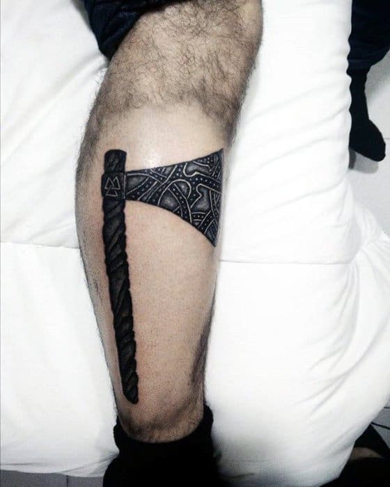 Guys Axe Tattoo On Side Of Leg