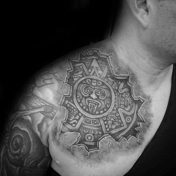 Guys Aztec Smashed Stone Upper Chest Tattoos