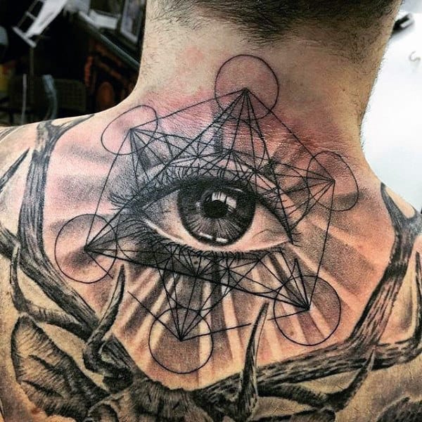 Guys Back Eye With Geometric Hexagon Pattern Tattoo