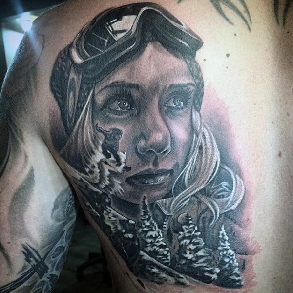Guys Back Large Eyed Girl And Snowboard Tattoo Designs