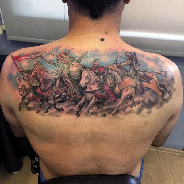 Guys Back Magnificient Warriors In Combat Tattoo