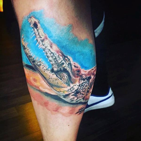 Guys Back Of Leg Calf Risky Alligator Tattoo