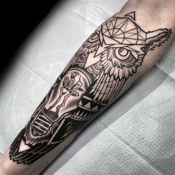 Guys Back Of Leg Geometric Owl Light Bulb Tattoo Designs