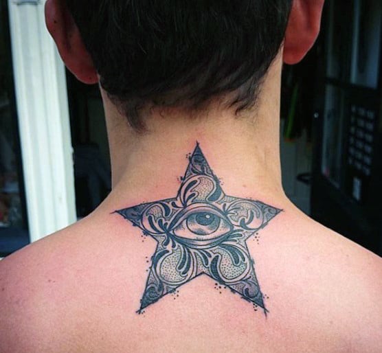 Star-shaped tattoo with an eye in the center on the back of a person's neck