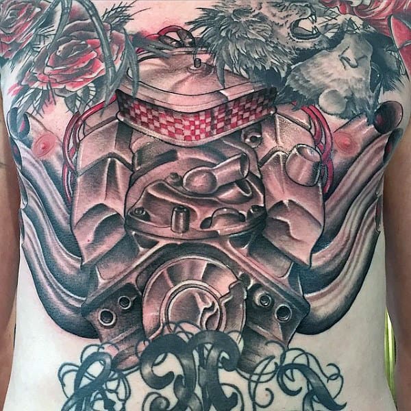 Guys Back Sepia Toned Engine And Red Rose Tattoo