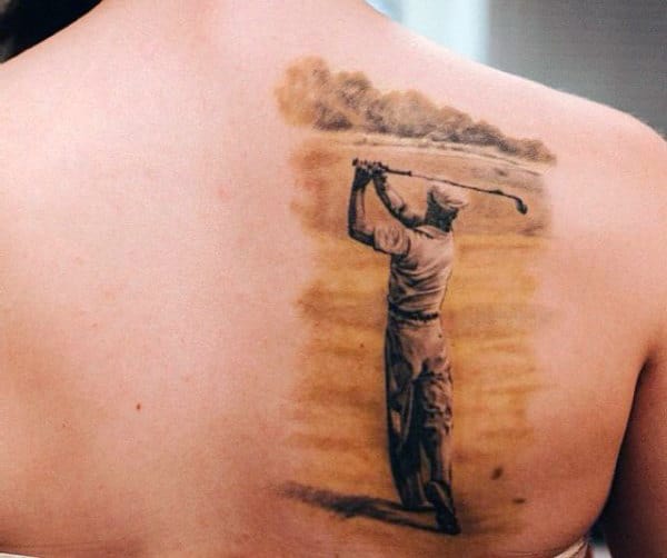 Guys Back Sepia Toned Golfer Tattoo
