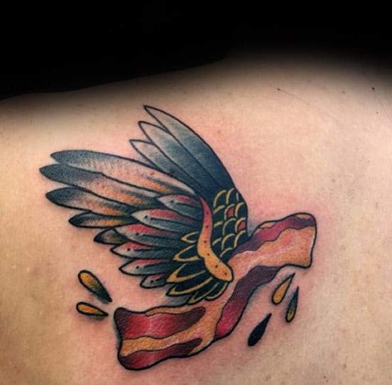 Guys Back Winged Bacon Tattoo