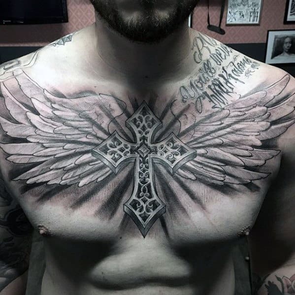 Guys Badass 3d Cross With Angel Wings Shaded Chest Tattoo Designs