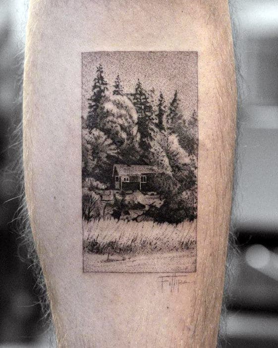 Guys Badass Cabin In Nature Small Leg Tattoo Designs