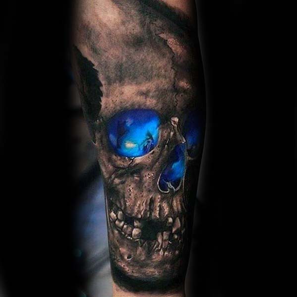 Guys Badass Glowing Blue 3d Skull Forearm Sleeve Tattoo Designs